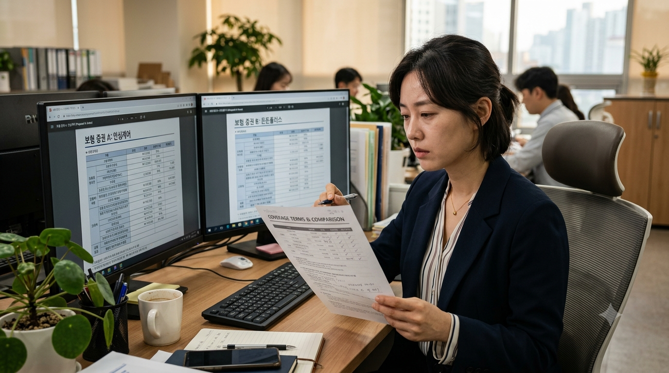 바이브코딩스쿨 AI교육기관에서 비전공자 보험업 실무자가 청약서를 수작업으로 비교하는 모습