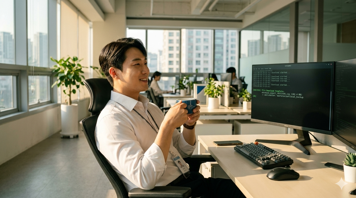 코드 실행 한 번으로 파일이 자동 저장된 후 여유롭게 커피를 마시는 모습
