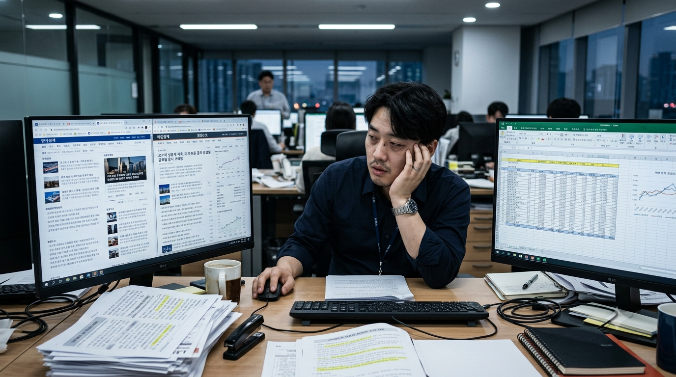 바이브코딩스쿨 수강 전, 매일 아침 투자 뉴스를 수작업으로 찾던 증권사 직장인의 모습