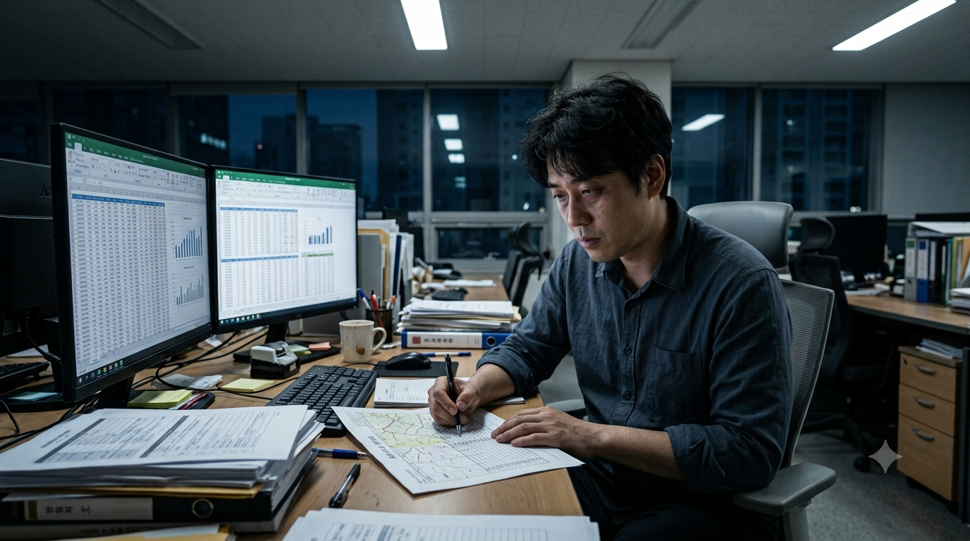 비전공자 직장인이 매주 반복되는 부동산 데이터 수작업에 지쳐있는 모습, AI 자동화 교육 도입 전