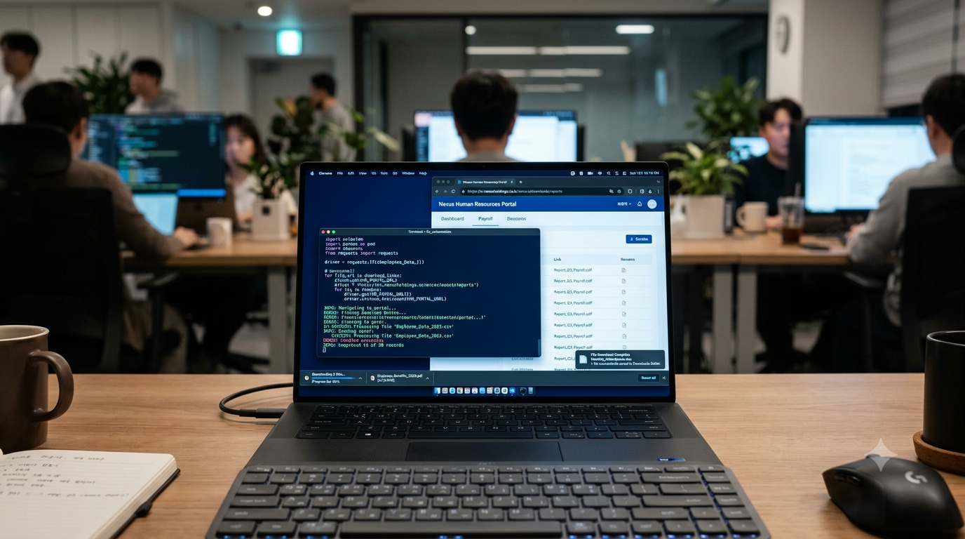 비전공자, 비개발자 일반 직장인이 김우현 강사의 AI 교육을 수강하면서 만든 Python 코드가 HR시스템에서 급여 데이터를 자동 처리하는 화면
