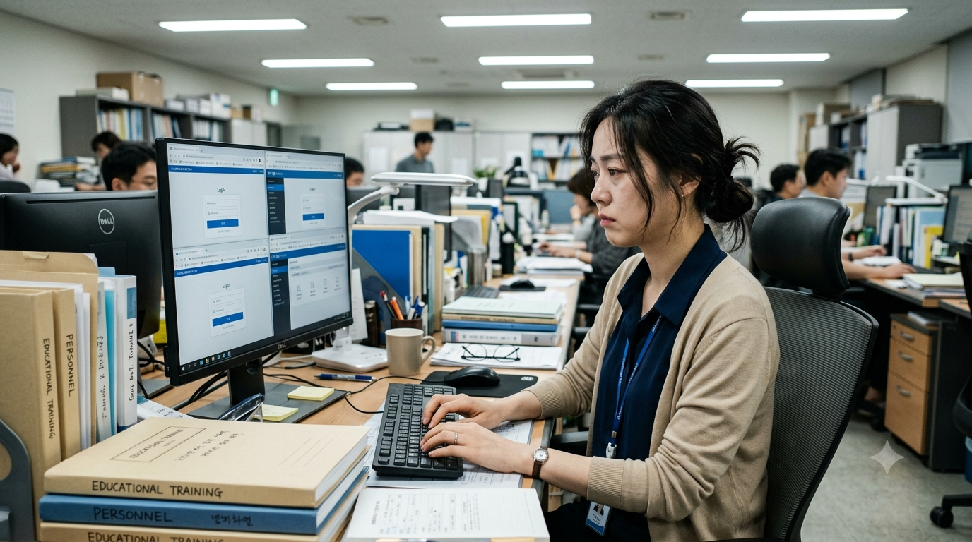 바이브코딩스쿨 수강 전, 외부망 교육 포털을 매달 수동으로 접속하던 비전공자 직장인의 모습