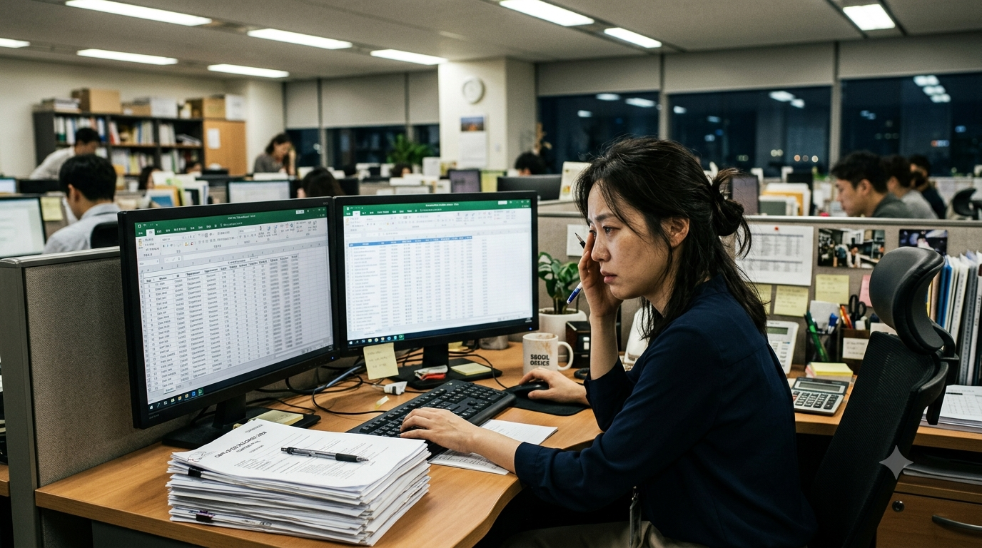 바이브코딩스쿨, 김우현(비현코) 강사의 강의 수강 전, HR 급여 기초작업을 수작업으로 반복하며 지쳐있는 인사팀 직장인의 모습