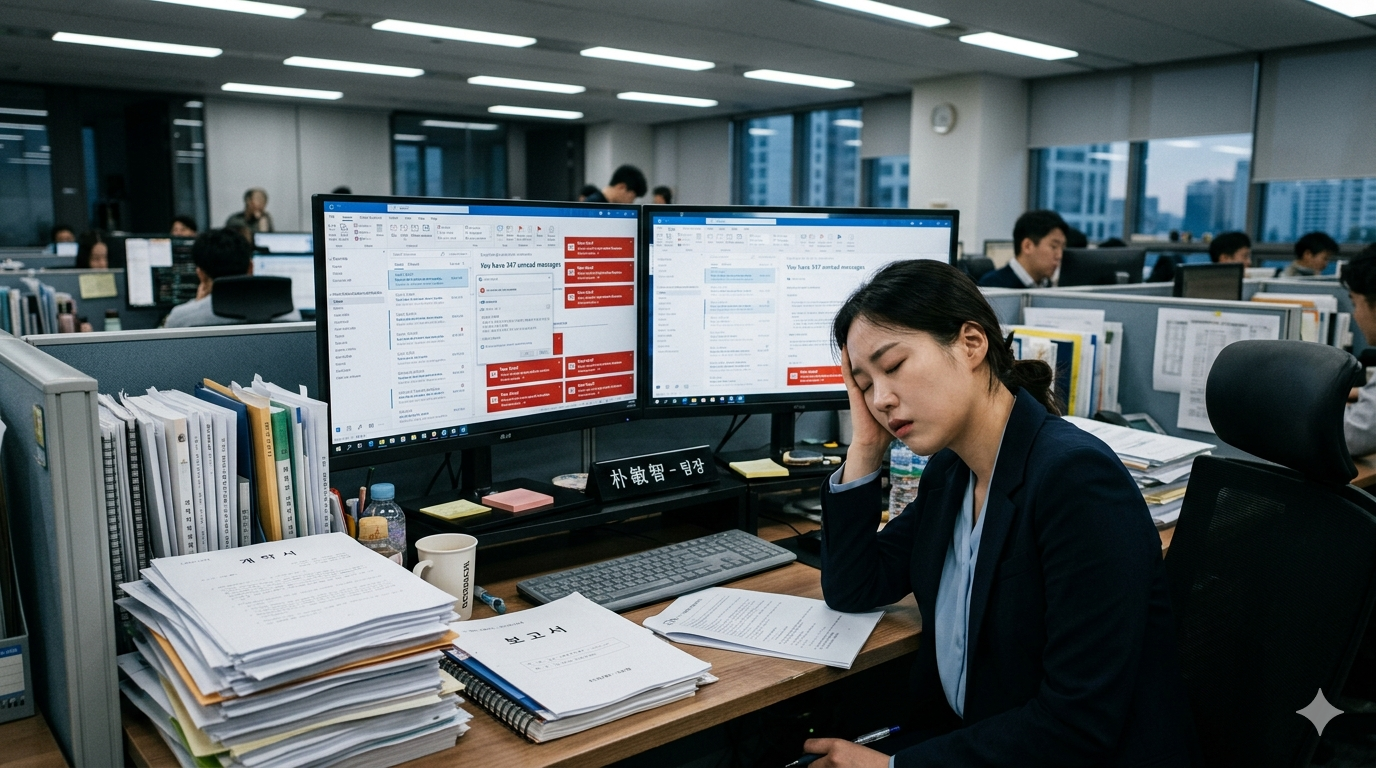 매일 야근하며 메일함에 쌓인 계약 요청 메일을 하나씩 확인하는 담당자