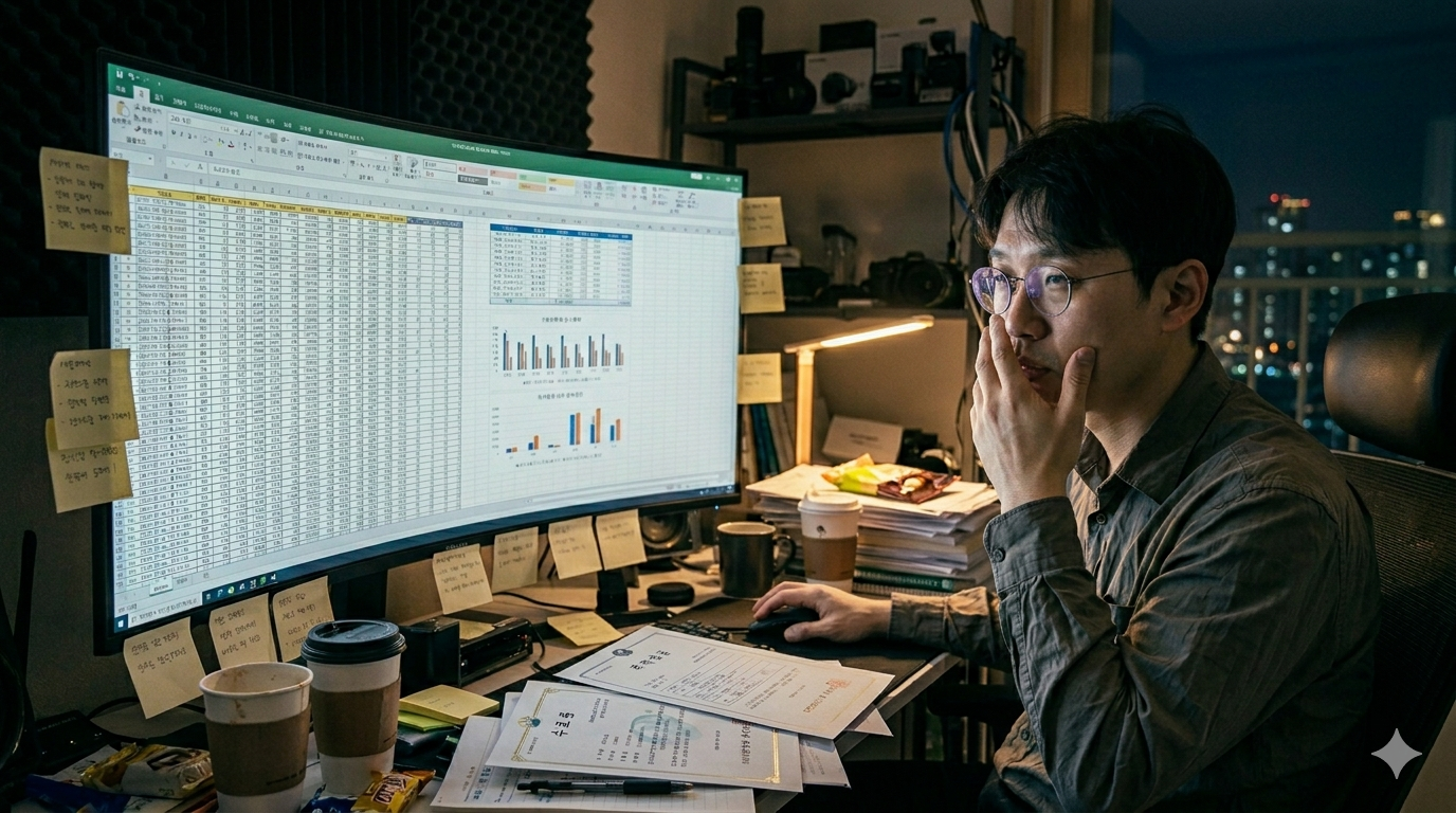 환경인증 담당자가 복잡한 엑셀 파일을 수동으로 검색하며 인증제품 데이터를 직접 입력하는 모습