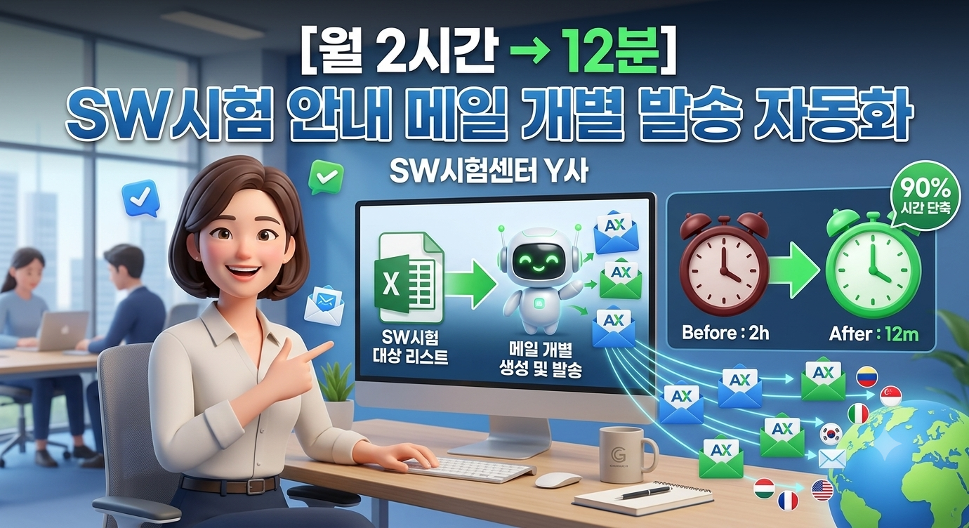 [자격시험운영] SW시험센터 Y사, 시험 안내 메일 개별 발송 자동화 | 월 2시간 → 12분으로 단축