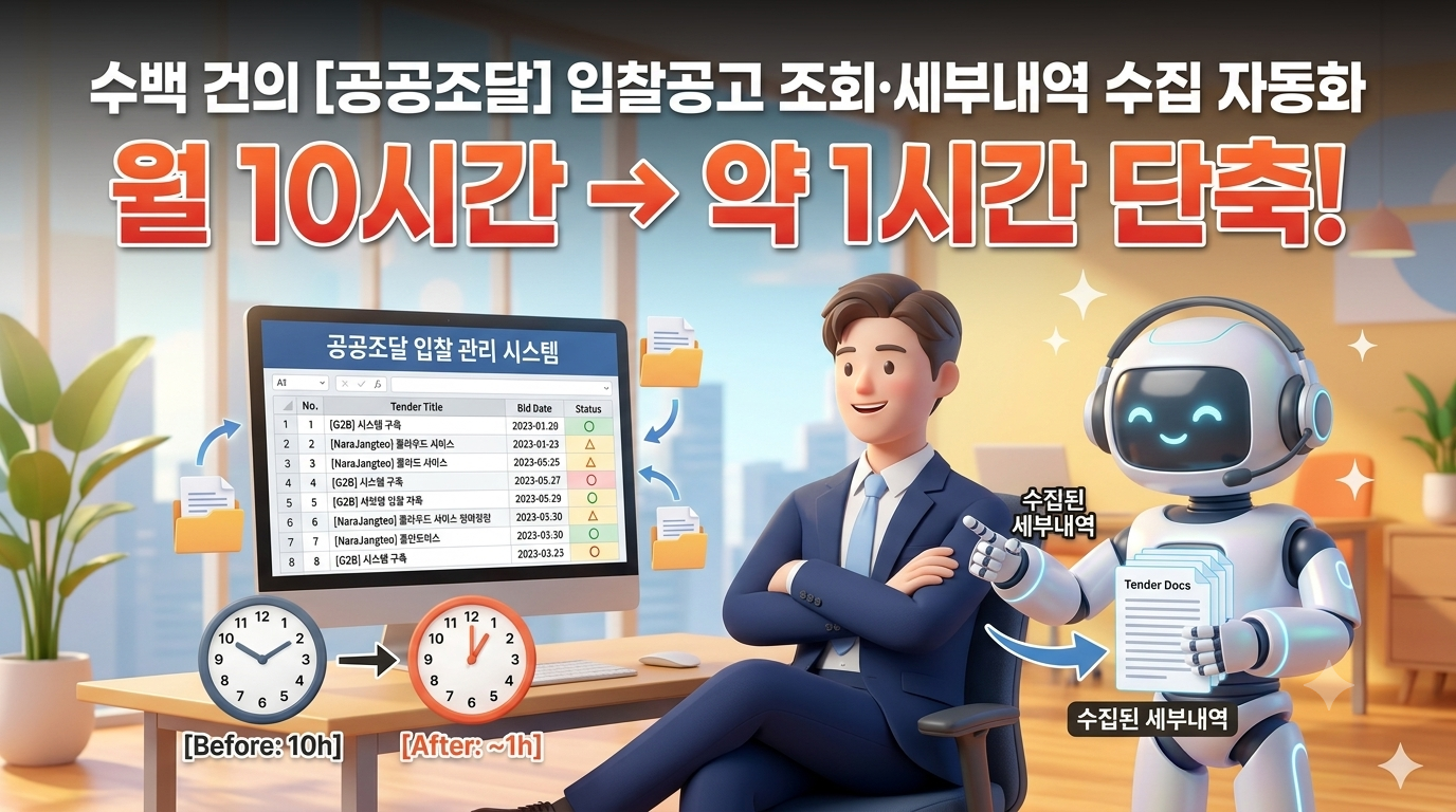 [공공조달] 증권사 D사, 나라장터 입찰공고 조회·세부내역 수집 자동화 | 월 10시간 → 약 1시간으로 단축